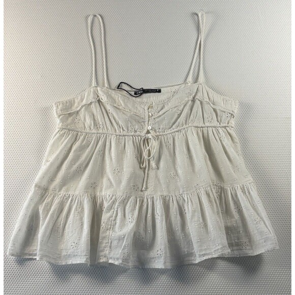 Zara White Eyelet Lace Cotton Boho Festival Peasant Sleeveless Tank Top Size LG - Picture 1 of 4